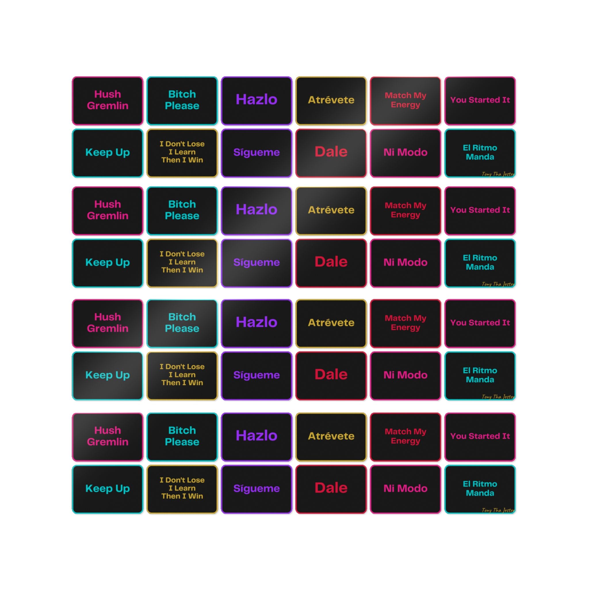 Neon Mood Die-Cut Stickers — Multilingual Motivational Labels (DTF)